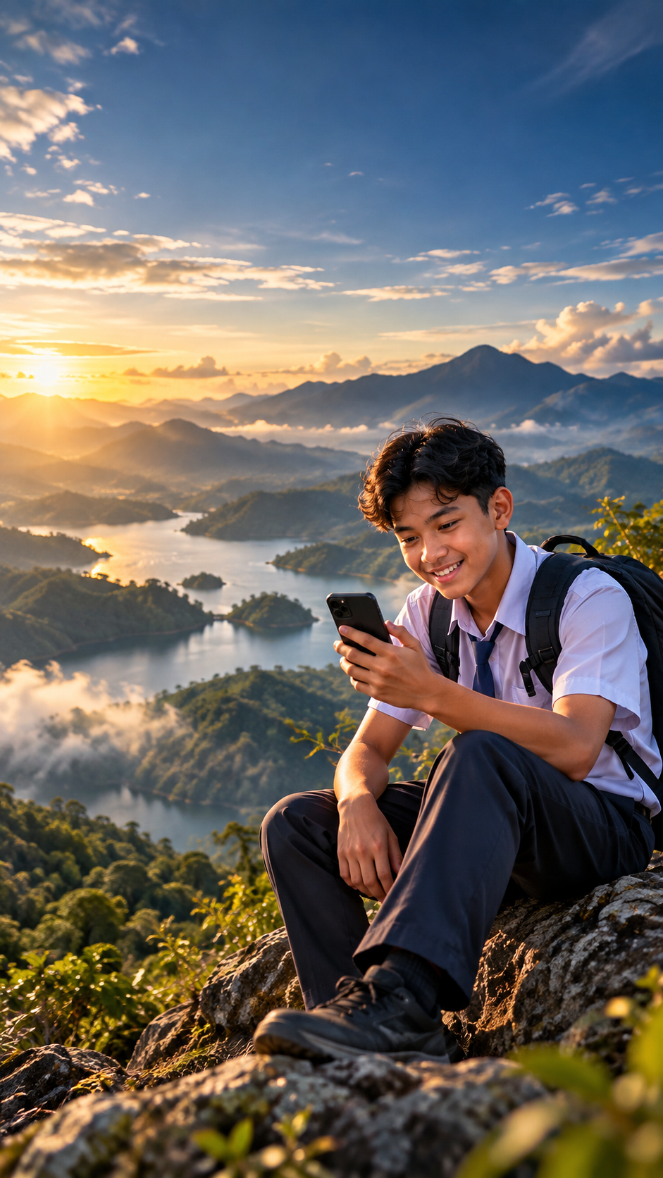 Pelajar Tingkatan 1 menggunakan telefon dengan latar landskap geografi