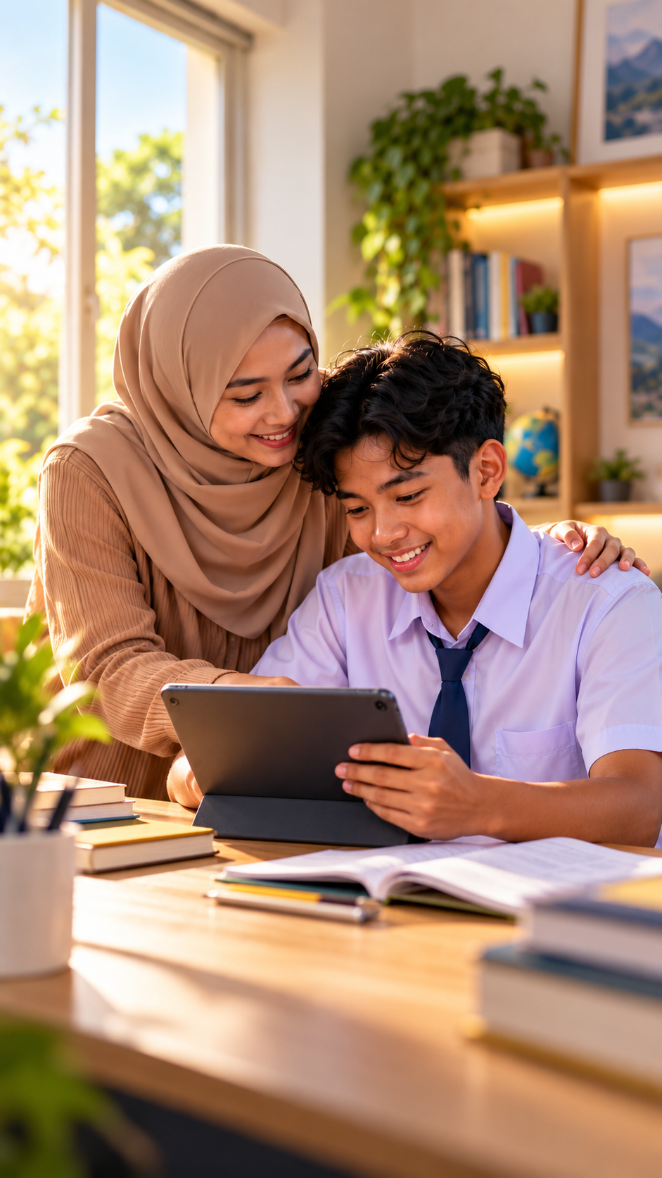 Ibu dan anak belajar menggunakan tablet